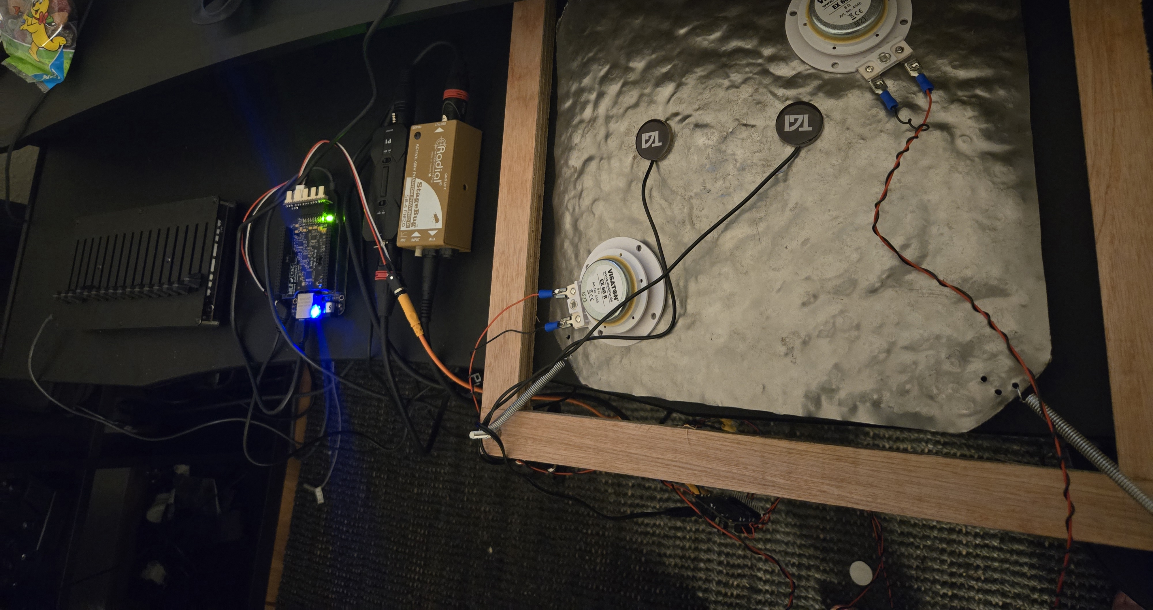Bela board connected to plate reverb with transducers
